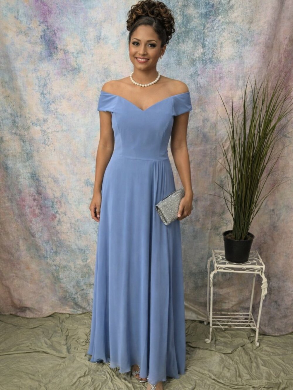 📌Bella Bridesmaid Larkspur Blue Off the Shoulder Lux Chiffon Formal Dress